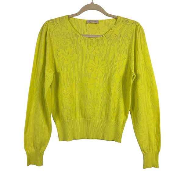 Banjanan Chartreuse Floral Jacquard Knit Sweater Cotton Blend Size M - Picture 2 of 11